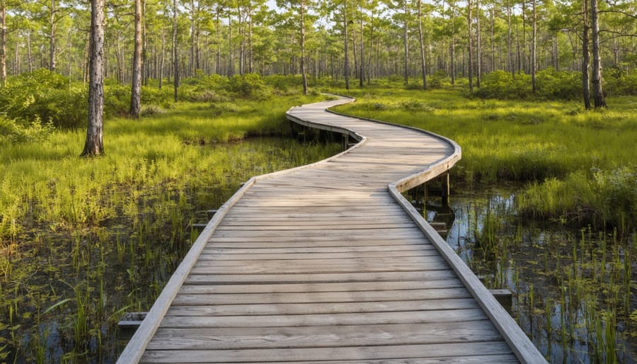 Accessible wooden boardwalk path through a green wetland with interpretive signage