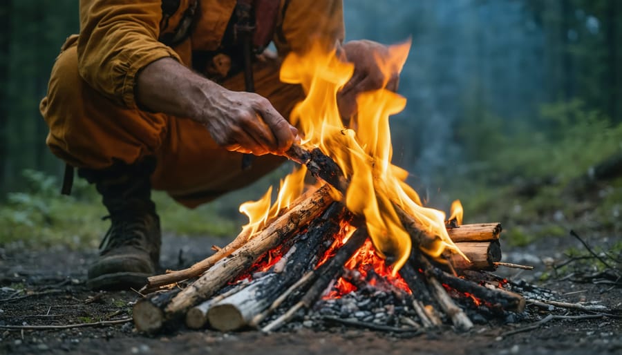 Instructor showing wilderness survival students how to start a fire using a ferro rod and natural tinder