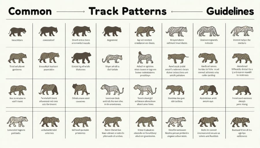 Illustrated guide showing track patterns for deer, rabbit, fox, and wolf