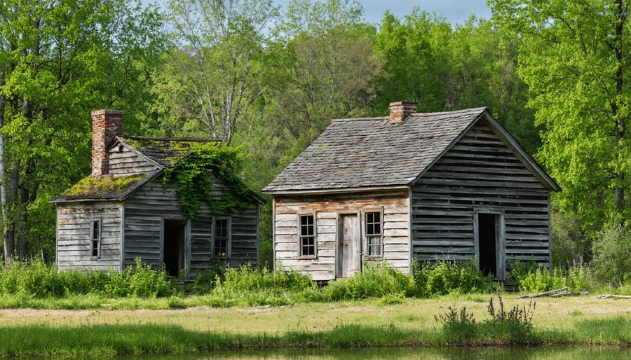 Abandoned wooden pioneer cabin in forest setting with evening sunlight
