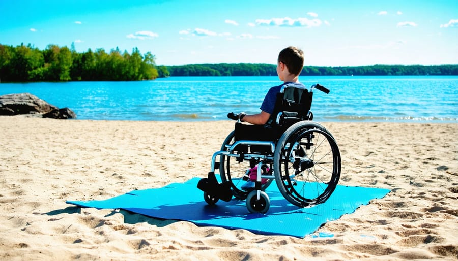 Beach access mat leading to water with specialized beach wheelchair near shoreline