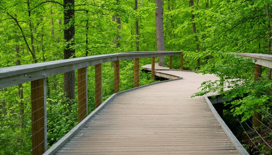 Person using wheelchair enjoying nature on a wide wooden boardwalk trail through forest