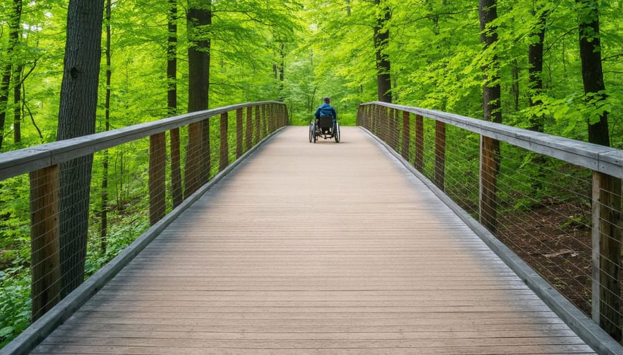 Person using wheelchair on a wooden boardwalk trail surrounded by trees in an Ontario park