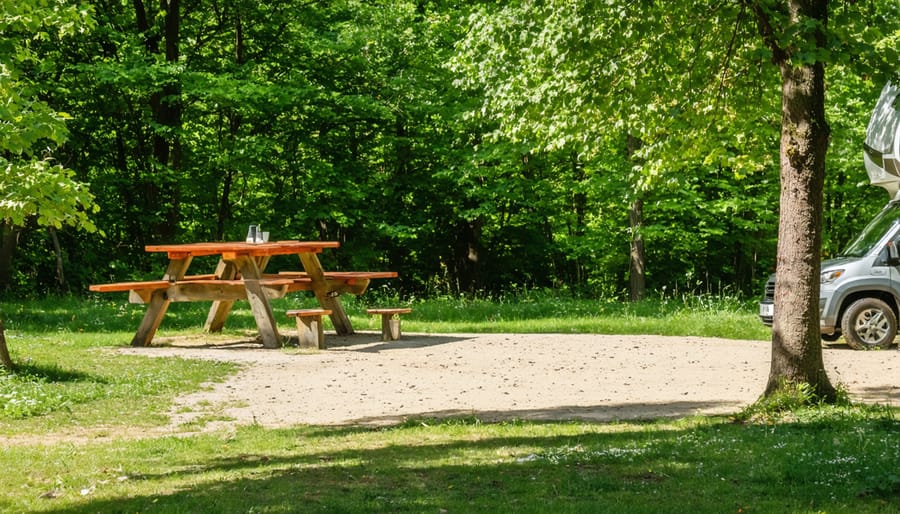 Accessible campsite with concrete pad, adapted picnic table and fire pit surrounded by nature