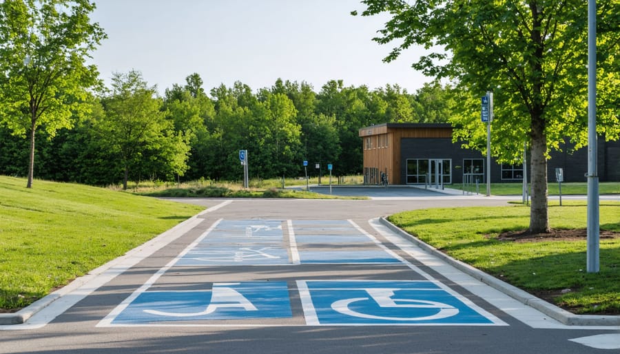 Designated accessible parking spots with clear signage and smooth pathway to park facilities
