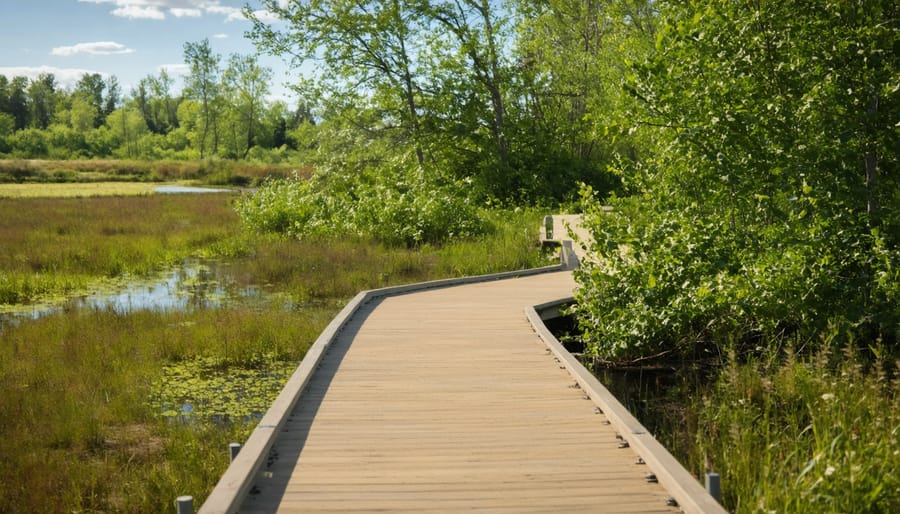 Person using all-terrain wheelchair on accessible boardwalk through wetland landscape