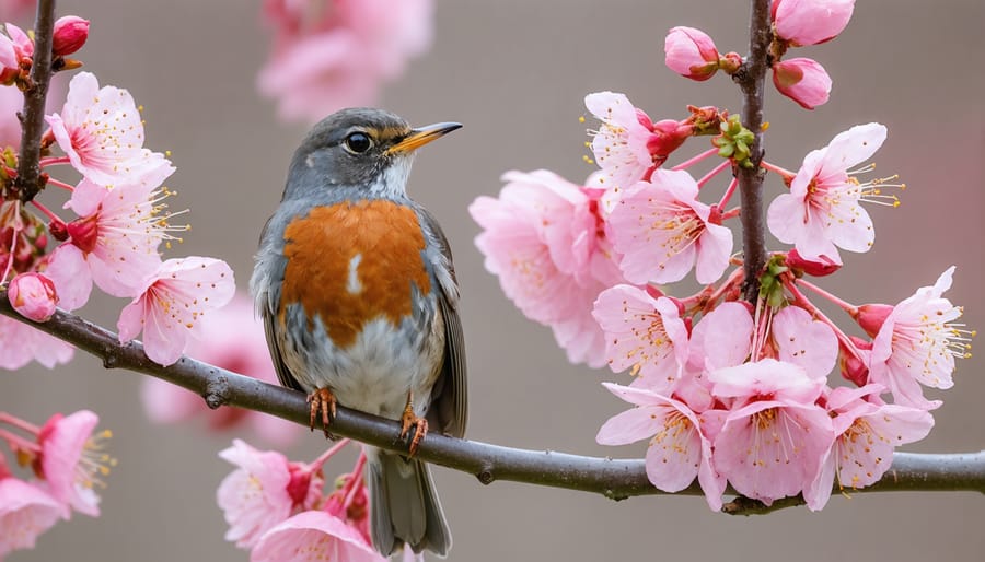 American Robin with distinctive red breast sitting on a pink cherry blossom branch