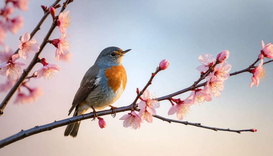 American Robin with a vibrant orange breast perched on a delicate cherry blossom branch against a soft morning sky, representing the arrival of spring in Ontario.