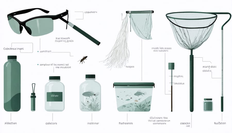Illustrated guide showing various tools and equipment needed for observing aquatic insects