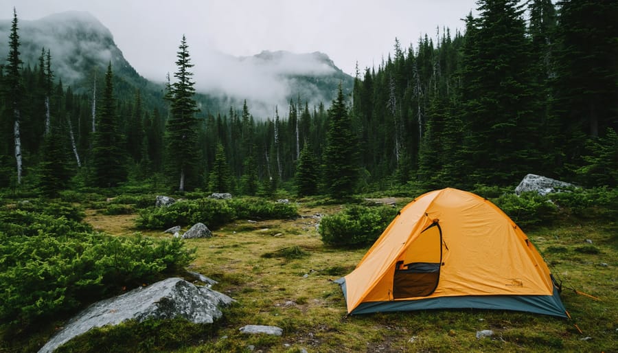 Scenic wilderness campsite beside lake with canoe on shore