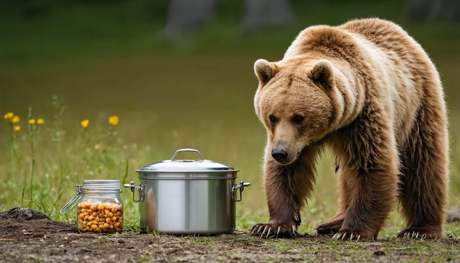 Camper storing food in bear-proof container at campsite