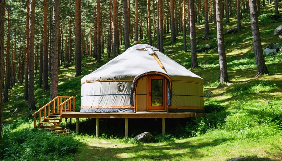 Sustainable yurt accommodation in forest setting with solar panels