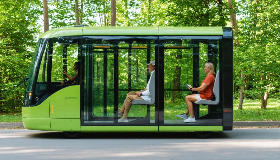 Electric shuttle bus parked at forested park entrance
