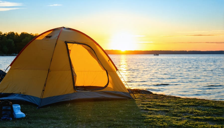 Camping tent pitched near Lake Ontario shore with golden sunset over the water