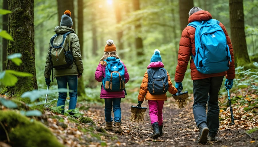 Family working together to maintain forest trail with hand tools
