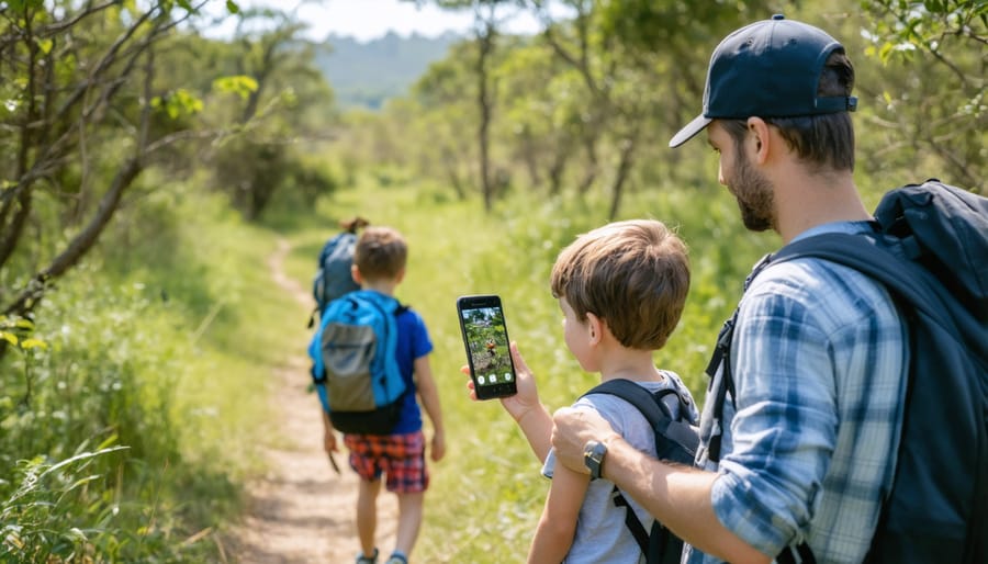 Parents and children using a digital safari app together on a hiking trail