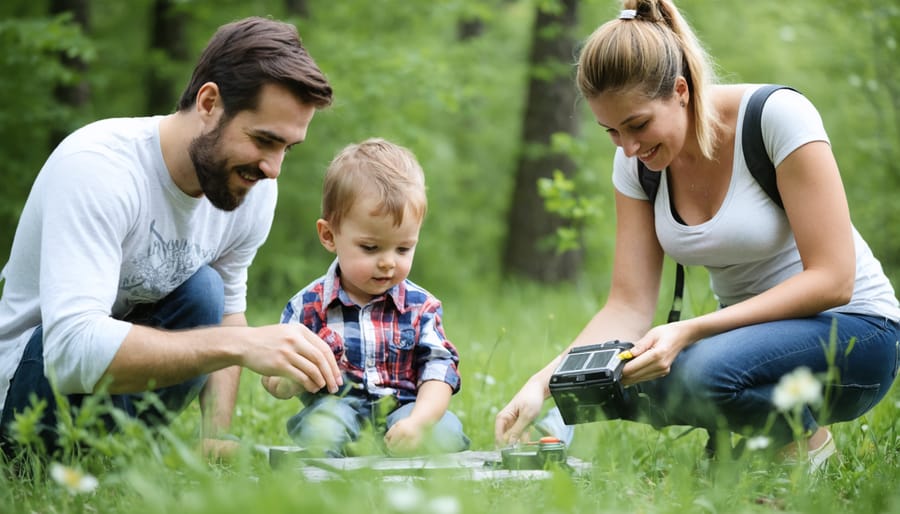 Parents and children learning to use citizen science tools with a park naturalist