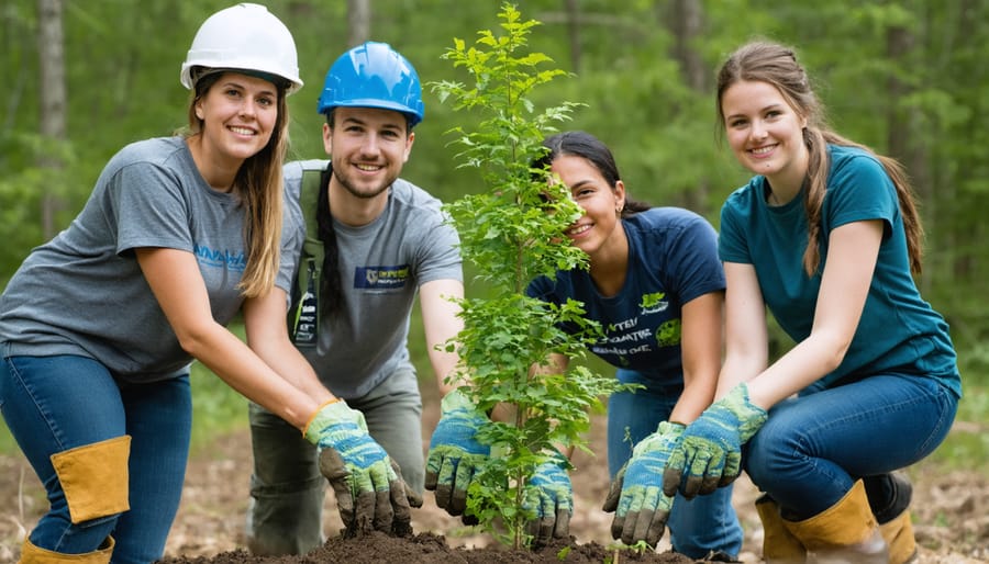 Group of diverse volunteers planting tree saplings in forest clearing