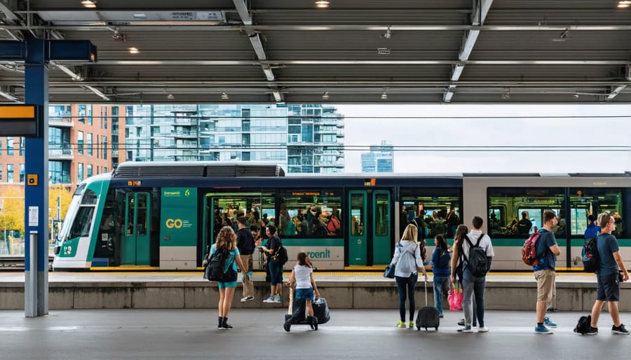 GO Transit double-decker train at station platform with passengers boarding