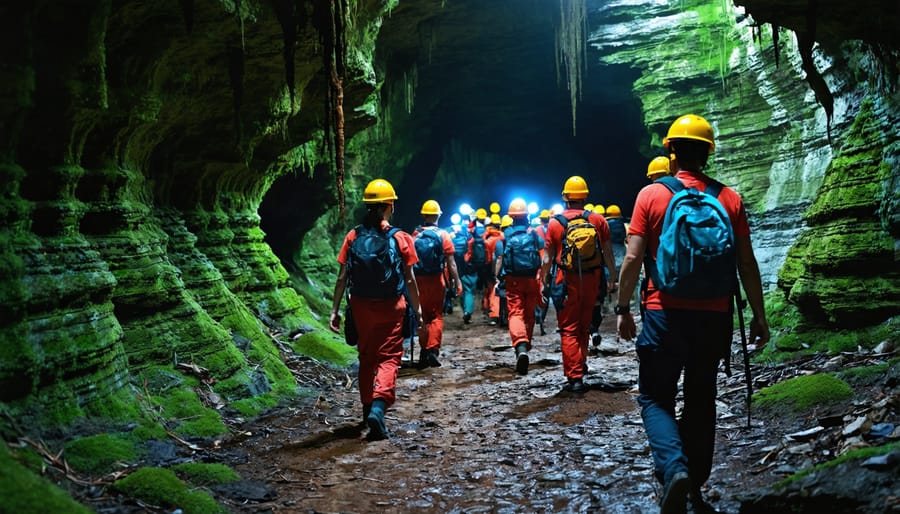 Guided tour group exploring underground wildlife habitat with safety equipment