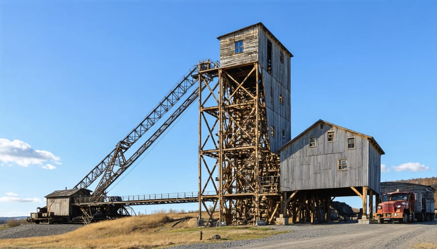 Silhouette of historic mine headframe structure at sunset