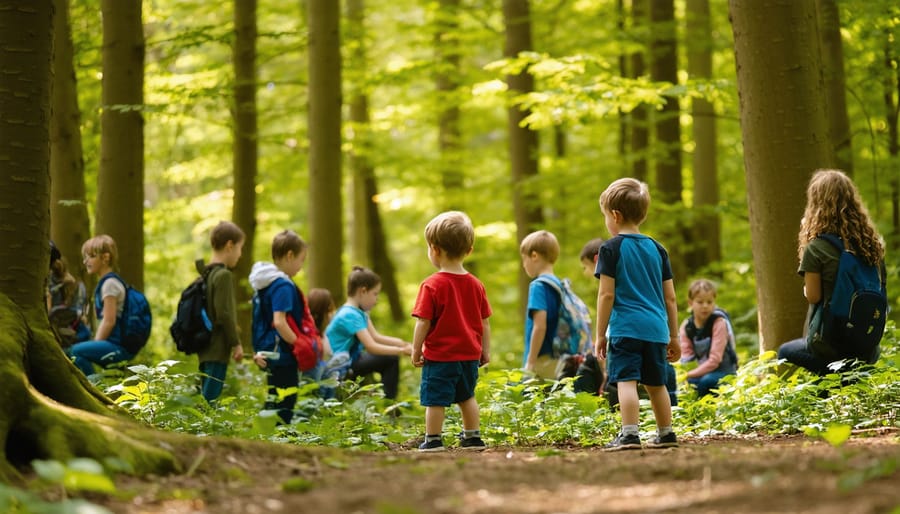 "Children participating in outdoor educational activities in an Ontario forest, surrounded by greenery and trees."
