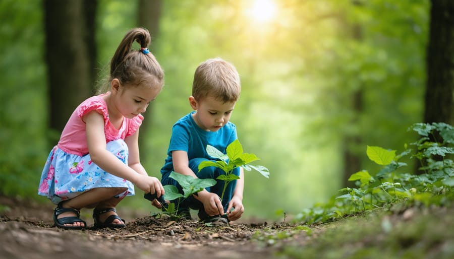 Diverse group of children exploring nature with a park guide on an accessible forest trail