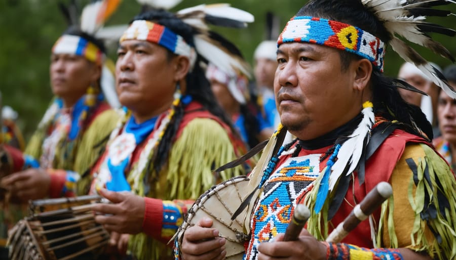 Group of indigenous performers playing drums and singing at an outdoor cultural festival