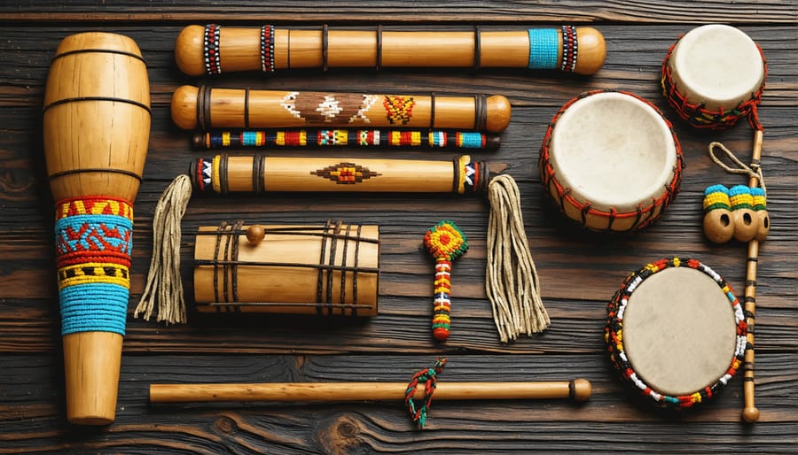 Display of various traditional First Nations musical instruments including cedar flutes and ceremonial rattles