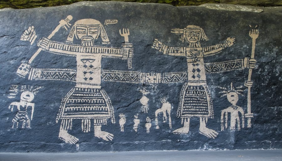 Ancient rock carvings showing Indigenous petroglyphs on weathered stone surface