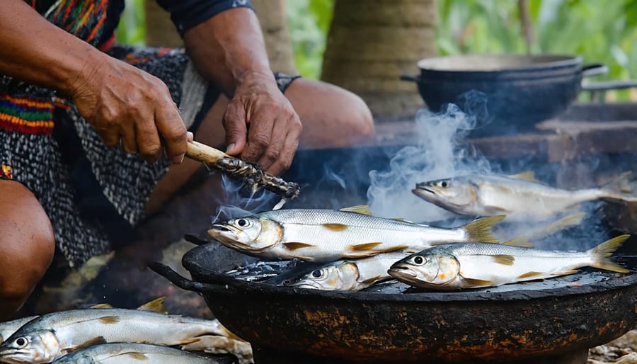 First Nations elder demonstrating traditional fish smoking over a wooden rack