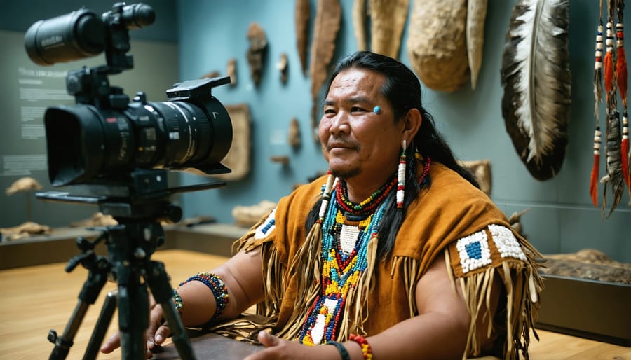 First Nations elder sharing traditional stories in museum recording studio