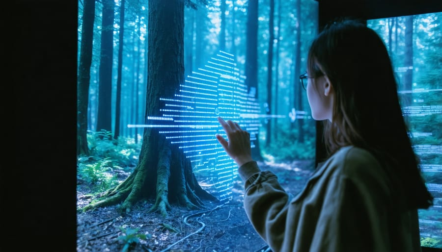 Interactive audio exhibit showing visitor engaging with a touchscreen display of Ontario wildlife sounds