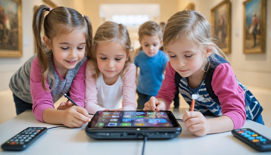 Young visitors using audio guides for nature detective game in museum