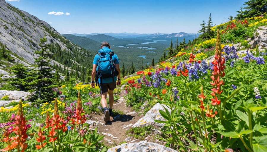 Hiker observing alpine wildflowers on white quartzite ridge in Killarney Provincial Park