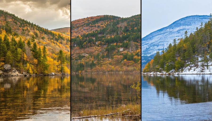 Four-season composite photograph of Killarney's iconic white quartzite hills and pine trees