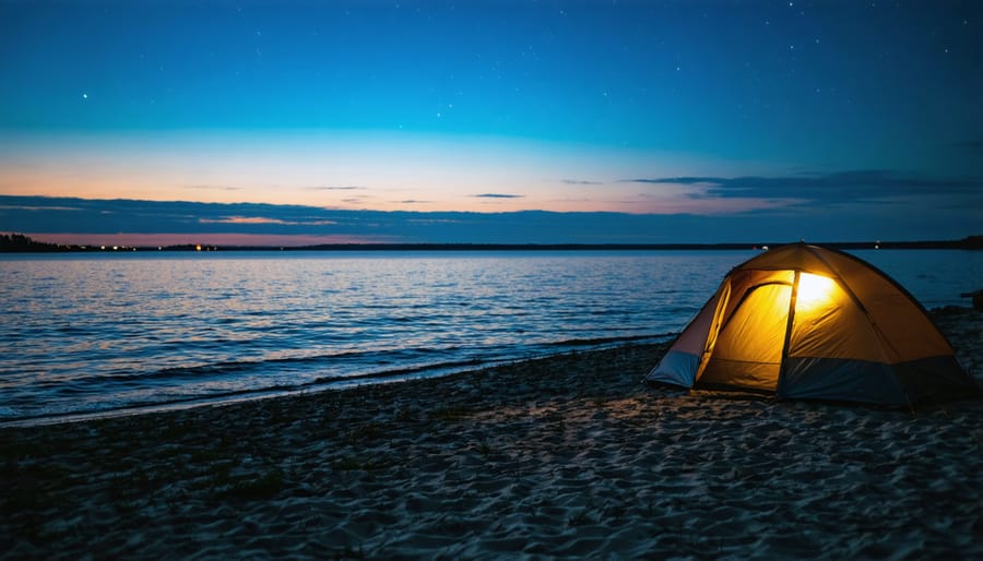A tranquil campsite on Lake Ontario's shore, showcasing a glowing tent, sand dunes, and a colorful sunset reflected on the water.
