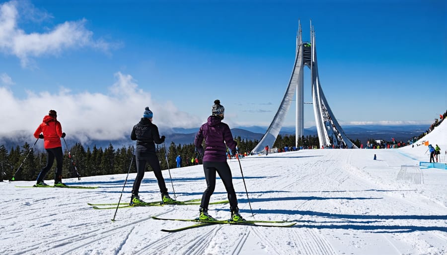 Cross-country skiers on groomed trails with Olympic ski jumps visible in distance