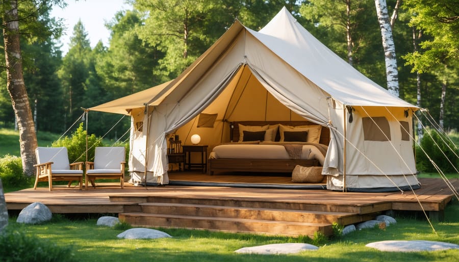 Safari-style glamping tent with king-size bed, outdoor deck, and mountain views