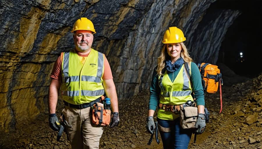 Two hikers in safety gear preparing equipment at entrance of underground mine