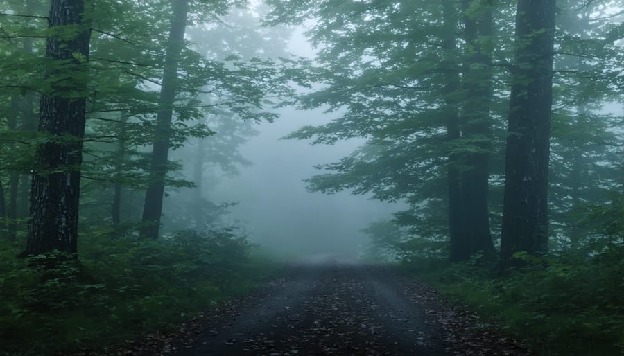 Mysterious forest trail at dusk with fog and ancient trees
