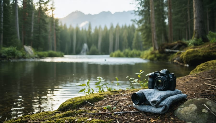 Smartphone displaying edited park photo on camping table with lantern and coffee mug