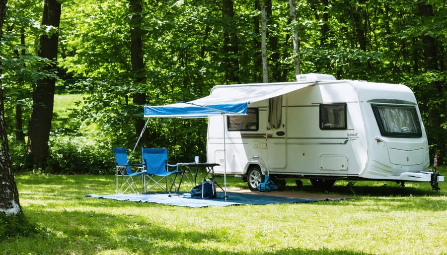 Modern RV parked at a campsite with electrical hookups, water connection, and level concrete pad