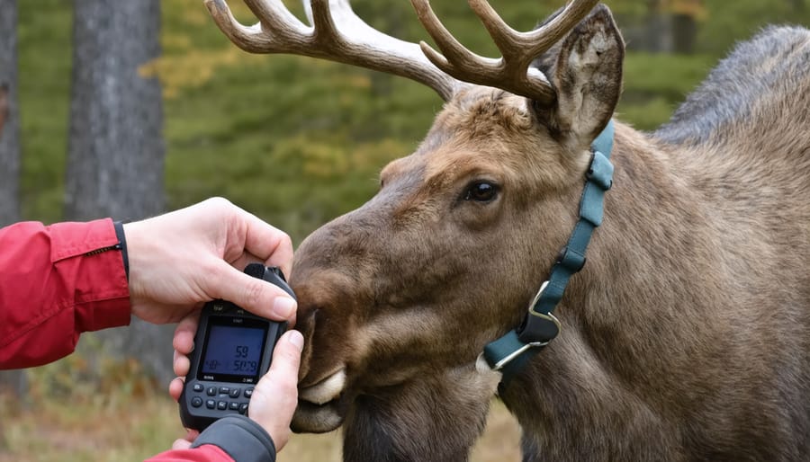 Wildlife researcher carefully attaching a GPS tracking collar to a sedated moose