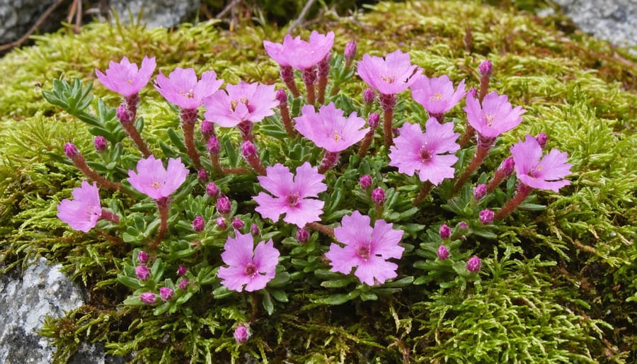 Close-up of pink moss campion flowers growing in cushion formation on white quartzite rock