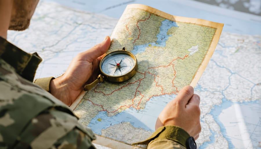 Demonstrating proper use of map and compass for wilderness navigation