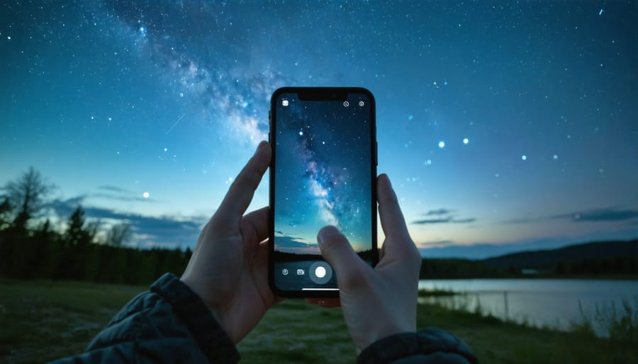 A person uses a digital star map app on a smartphone, aiming it at a vibrant night sky filled with stars and Northern Lights over Ontario's lush landscape, embodying the blend of technology and nature.