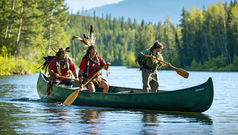Diverse group enjoying eco-tourism activities in Ontario, including indigenous guides on a canoe tour, local farmers showcasing produce, and conservationists working on wildlife protection amidst Ontario's natural landscapes.