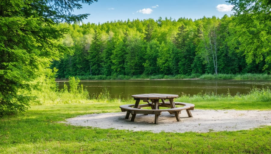 Scenic park picnic area with stone tables surrounded by maple trees