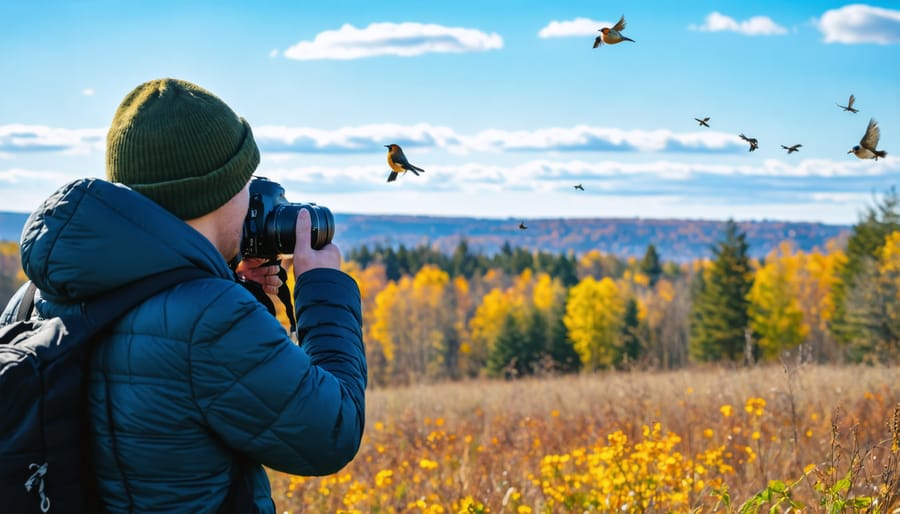 Person with camera and binoculars observing robins in a natural park setting